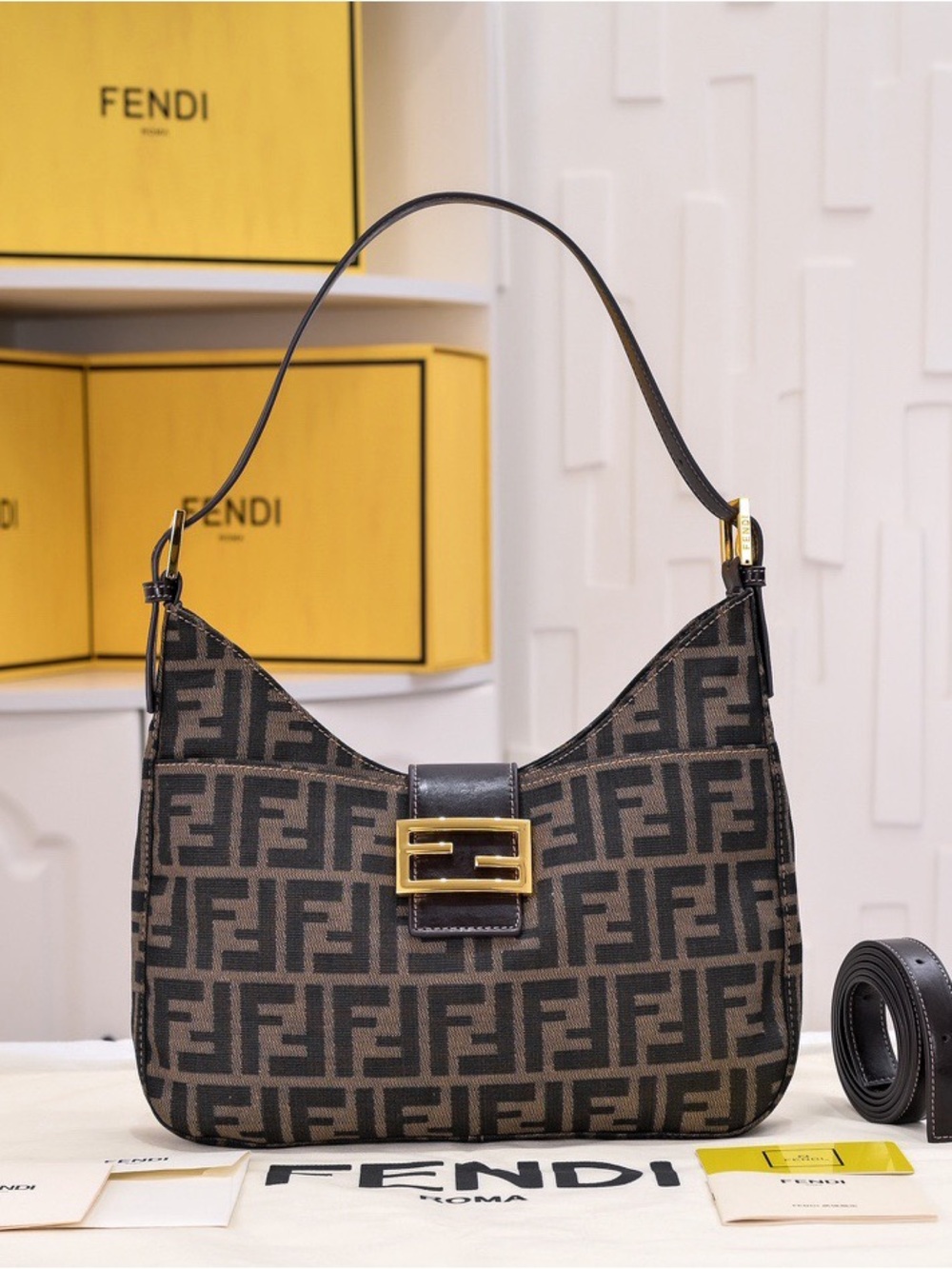 Fendi Brown and Black FF Logo Shoulder Bag with Gold Buckle - Picture 1 of 8